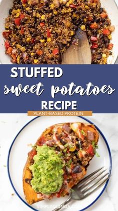 stuffed sweet potatoes recipe with avocado and salsa on the side in a white bowl