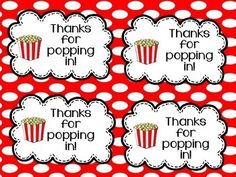 three red and white polka doted tags with words that say thanks for popping in