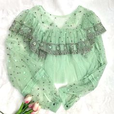 Free People Disco Ball Embellished Embroidered Sequins Cape Flounce Mesh Top Nwot Never Worn Gorgeous Fairy Vibes Will Turn Heads Size Small, Fits Oversized And Flowy Gorgeous Mint Green Color Monsters Costumes, Sequin Cape, Monster Costumes, Exaggerated Sleeves, Mint Green Color, Green Tops, Disco Ball, Small Bust, Free People Tops