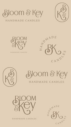 the logos for bloom and key handmade candles are shown in brown, black and white