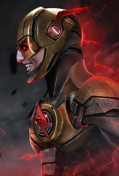 an image of a man in armor with red lightnings on his face and chest