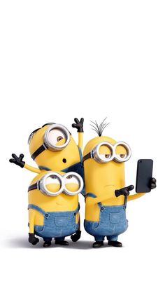 two minion are holding up their cell phones with the words selfie on them