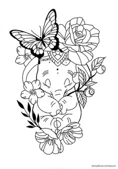 an elephant with flowers and a butterfly on it's head is shown in this coloring page