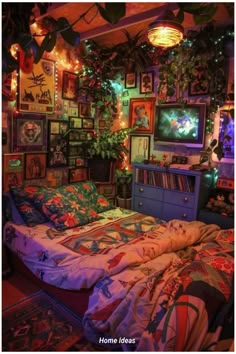 a bed room with a neatly made bed and lots of pictures on the wall