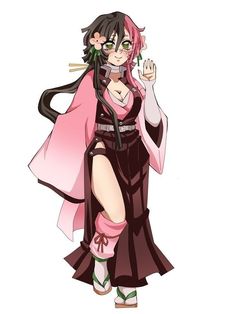 an anime character dressed in pink and black with long hair, wearing a dress that has flowers on it