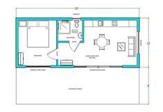 a blueprinted floor plan for a small cabin with a kitchen and living room