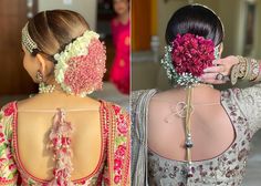 the back of a woman's head with flowers in her hair and jewelry on her neck