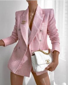 Formal Pink Tweed Blazer, Pink Tweed Jacket With Buttons For Winter, Pink Single-breasted Tweed Jacket, Pink Tweed Jacket With Buttons For Fall, Chic Pink Tweed Outerwear, Trendy Fitted Tweed Jacket For Spring, Elegant Pink Tweed Outerwear, Elegant Pink Long Sleeve Tweed Jacket, Chic Pink Tweed Blazer