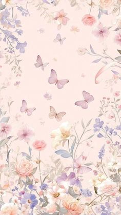 a pink background with lots of flowers and butterflies