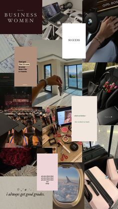 a collage of photos with women in business attire and other things on the table