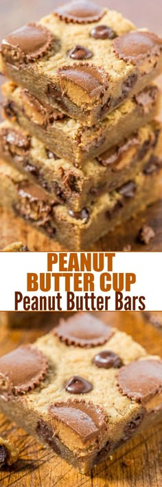 peanut butter cup peanut butter bars are stacked on top of each other with chocolate chips