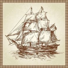 an old sailing ship in the sea on a beige background with a frame for text