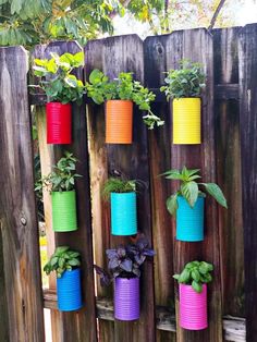 a wooden fence with many different colored paper cups on it and plants growing out of them