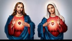 two images of jesus and mary holding a heart