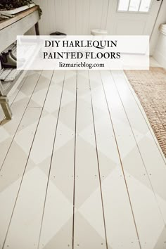 a white painted floor with the words diy harlequinn painted floors