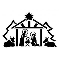 a nativity scene with the birth of jesus and baby jesus in black on a white background