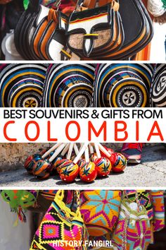 the best souvenirs and gifts from colombia in this postcard is an image of colorful bags with text overlay