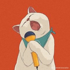 a white cat with its mouth open holding a microphone