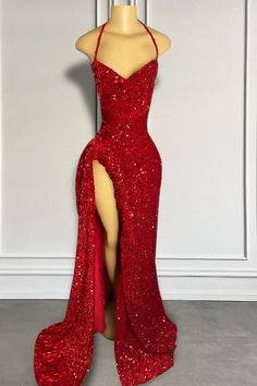 Halter Burgundy High Split Floor Length Prom Dresses Prom Dress Pictures, Halter Prom Dresses, Mermaid Evening Gown, Prom Dress Ideas, Dress Pictures, Stunning Prom Dresses, Prom Inspo, Floor Length Prom Dresses, Sequin Prom Dress