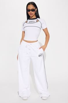 Available In White. Wide Leg Pant Elastic Waistband Drawstring Front Screen Stretch Side Hand Pockets Disclaimer: Due To The Printing Process A Difference In Saturation May Occur. Each Garment Is Unique. 95% Cotton 5% Elastane Imported | Sporty Contrast Wide Leg Pant in White size 2X by Fashion Nova Uzun Boy, White Wide Leg Pants, Birthday Shoot, Wide Leg Pant, Sporty Outfits, Athletic Pants, Bottom Clothes, White Fashion, Graphic Tees Women