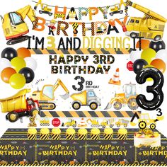 a birthday card with construction vehicles and balloons in the shape of an i'm 3rd birthday