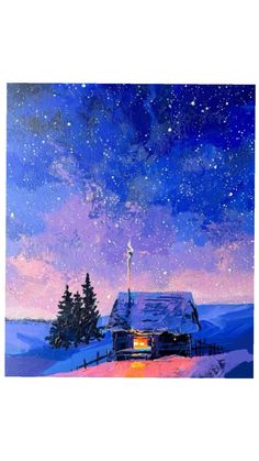 a painting of a house in the snow with trees and stars on it's roof