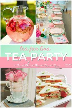 tea party collage with pink flowers, sandwiches and desserts in glass vases