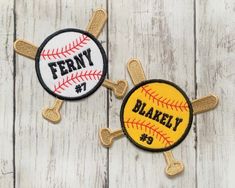 two embroidered patches with baseballs and bats that say, ferny and dukely