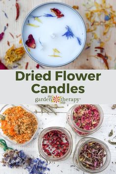 A homemade candle with pressed dried flowers and four jars filled with assorted dried flowers. Diy Herb Candles, Diy Natural Candles, Pressed Flower Candles, Diy Candles With Flowers, Journaling Creative, Dried Flower Candles