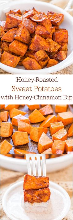 sweet potatoes with honey cinnamon dip on a plate