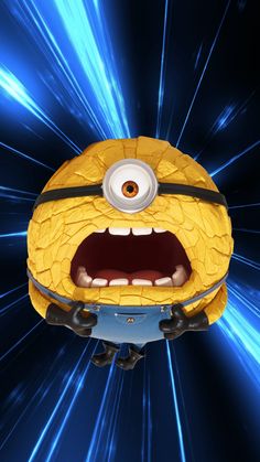 a yellow minion with its mouth open and eyes wide open in front of a blue background