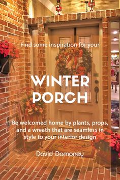 the front door to a store with an advertisement for winter porch decorations and wreaths