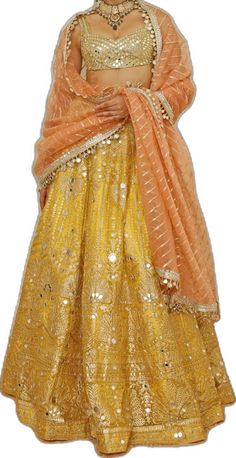 Yellow And Peach Foil Work Lehenga Set Studio Iris - Fabilicious Fashion Gold Organza Traditional Wear For Navratri, Orange Dola Silk Lehenga With Gota Work, Festive Yellow Choli With Zari Work, Gold Organza Anarkali Set For Navratri, Festival Mirror Work Organza Choli, Festive Yellow Lehenga With Resham Embroidery, Orange Lehenga With Gota Work For Diwali, Diwali Orange Lehenga With Gota Work, Yellow Choli For Festive Occasions