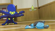 an animated character on a basketball court with other cartoon characters in the background, including one blue and yellow octopus