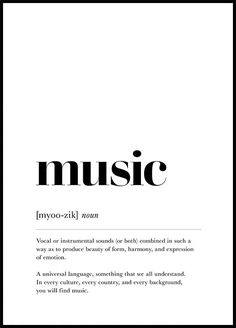 an advertisement with the words music in black and white, as well as text that reads