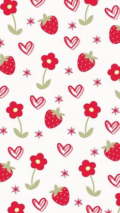 strawberrys and hearts on white background with green leaves, red flowers and starbursts