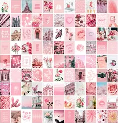 a collage of pink and white images with hearts, flowers, buildings, and other things