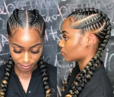 Pocahontas Braids Black Hairstyles, Goddess Braid Bun, Two Cornrow Braids, Goddess Braid Styles, Chi Hair, Feeder Braids, Two Braid Hairstyles