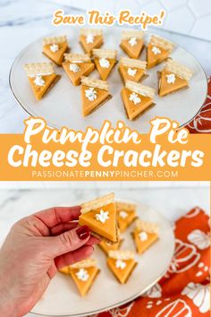 pumpkin pie cheese crackers on a plate with text overlay that reads, save this recipe