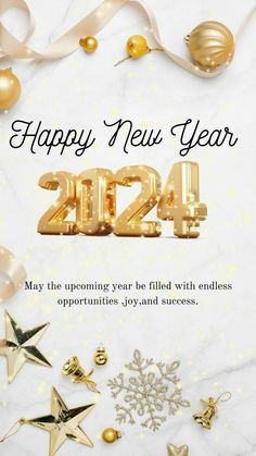 a happy new year card with gold stars and decorations on it, in the middle of a white marble background