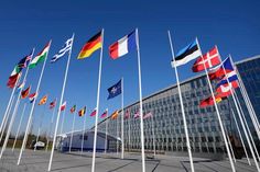 many flags are flying in front of a building