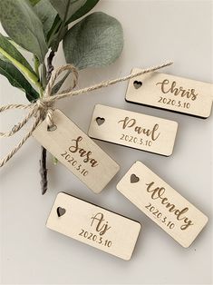 four wooden tags tied with twine on top of a white table next to a plant