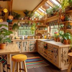 a kitchen filled with lots of potted plants and wooden counters topped with stools