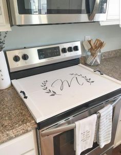 a stove top oven sitting inside of a kitchen next to a microwave above a counter