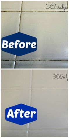 the before and after pictures of a tile cleaning job with white grout on it