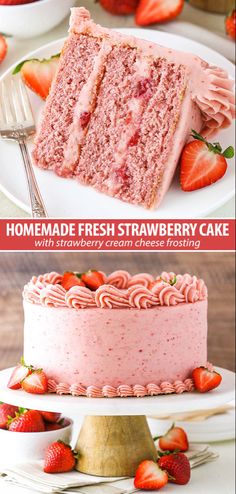 strawberry cake with pink frosting and fresh strawberries on top is shown in two different photos