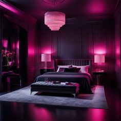 a bedroom with purple lighting and a black bed in the center is lit by pink lights