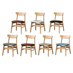 six wooden chairs with different colored seats on each one and the same color seat cushion