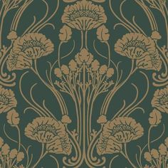 an intricately designed wallpaper with gold and green flowers on a dark blue background