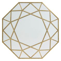 an octagonal mirror with gold lines on the edges and a white back drop in the middle